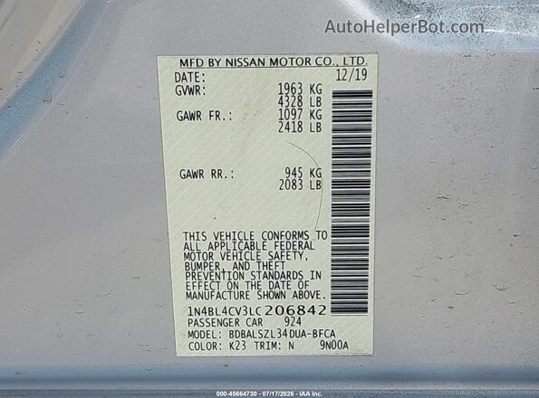 1N4BL4CV3LC206842 2020 NISSAN ALTIMA Silver Vista del compartimento del motor