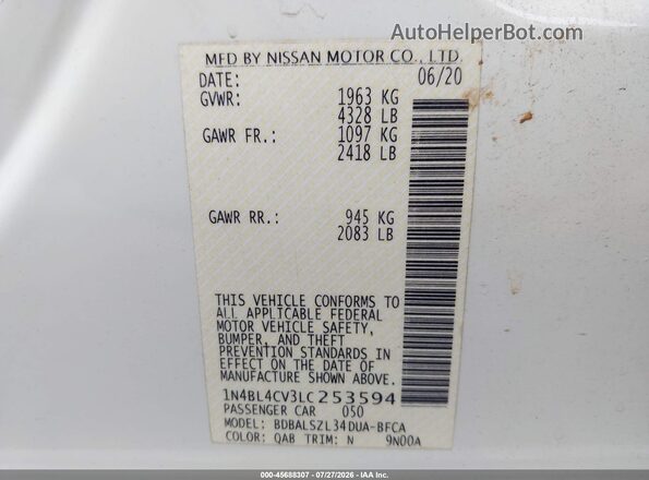 1N4BL4CV3LC253594 2020 NISSAN ALTIMA White Widok komory silnika