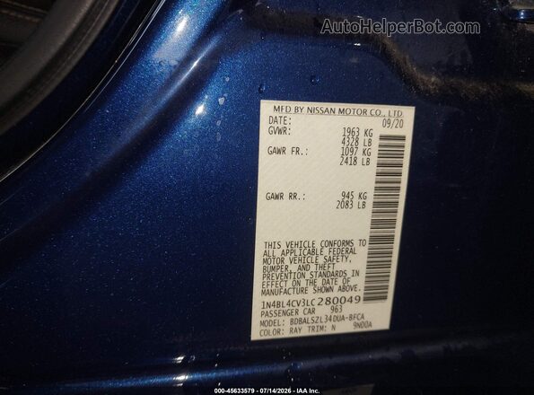 1N4BL4CV3LC280049 2020 NISSAN ALTIMA Blue Engine compartment view