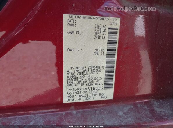 1N4BL4CV3LN316326 2020 NISSAN ALTIMA Красный Вид подкапотного пространства