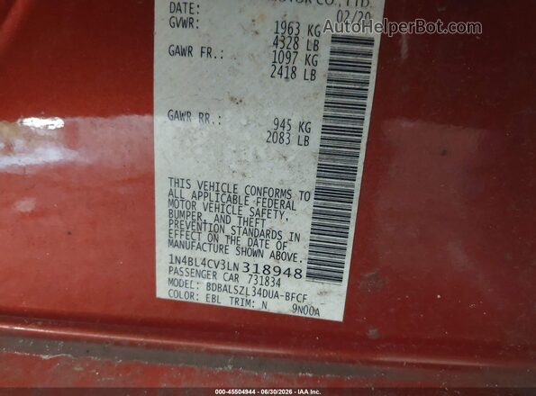 1N4BL4CV3LN318948 2020 NISSAN ALTIMA Orange Vista del compartimento del motor