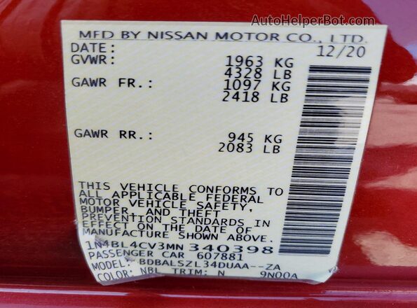 1N4BL4CV3MN340398 2021 NISSAN ALTIMA Red Вид наклейки з VIN-кодом