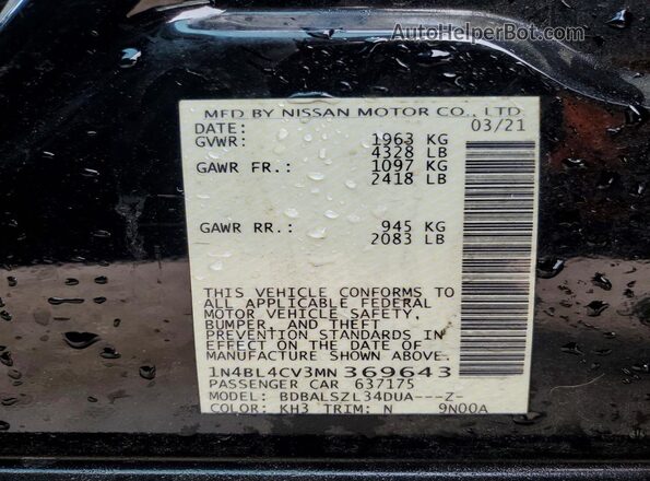 1N4BL4CV3MN369643 2021 NISSAN ALTIMA Black VIN կոդի պիտակի տեսք