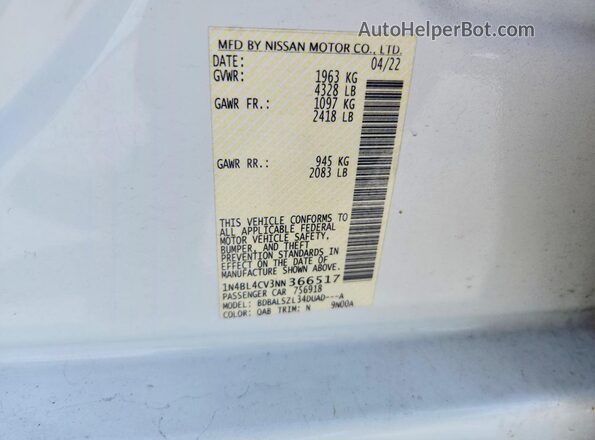 1N4BL4CV3NN366517 2022 NISSAN ALTIMA White VIN sticker view
