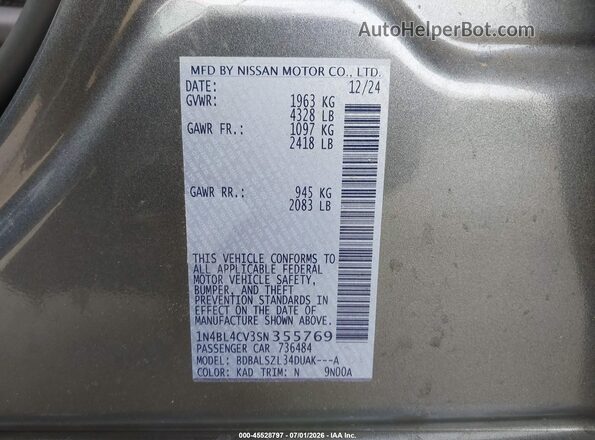 1N4BL4CV3SN355769 2025 NISSAN ALTIMA Gray Engine compartment view
