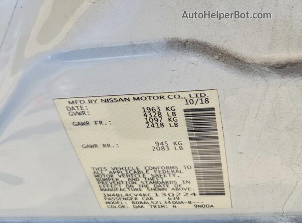 1N4BL4CV4KC130224 2019 NISSAN ALTIMA Белый Вид подкапотного пространства