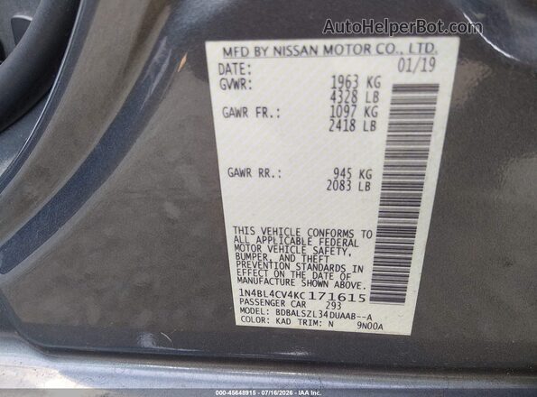 1N4BL4CV4KC171615 2019 NISSAN ALTIMA Gray Widok komory silnika