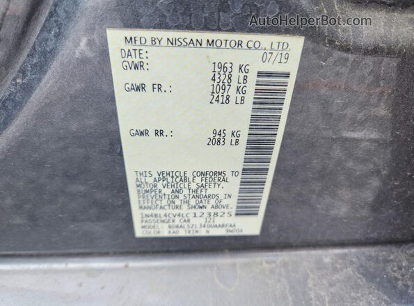 1N4BL4CV4LC123825 2020 NISSAN ALTIMA Gray Vista de la etiqueta del VIN