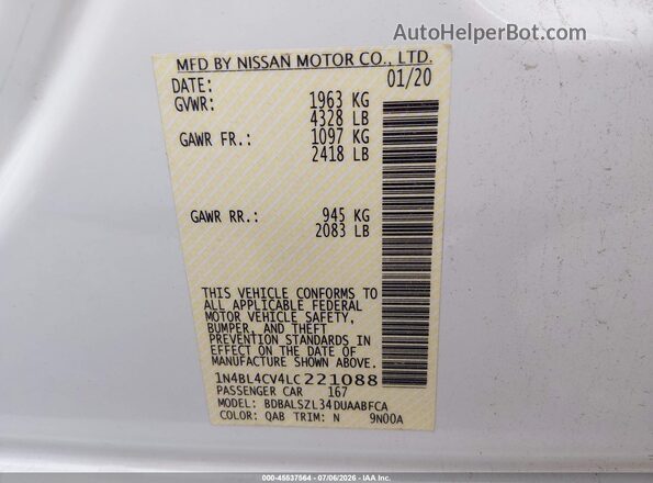 1N4BL4CV4LC221088 2020 NISSAN ALTIMA White Вид підкапотного простору