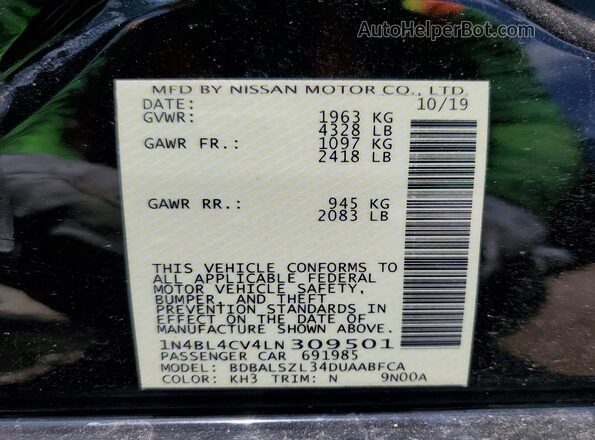 1N4BL4CV4LN309501 2020 NISSAN ALTIMA Черный Панорамный вид салона 360°