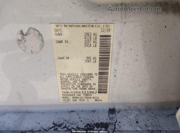 1N4BL4CV4LN315962 2020 NISSAN ALTIMA White ძრავის განყოფილების ხედი