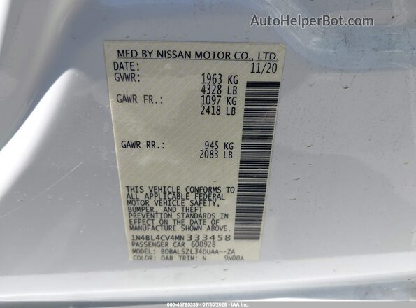 1N4BL4CV4MN333458 2021 NISSAN ALTIMA White Vista del compartimento del motor