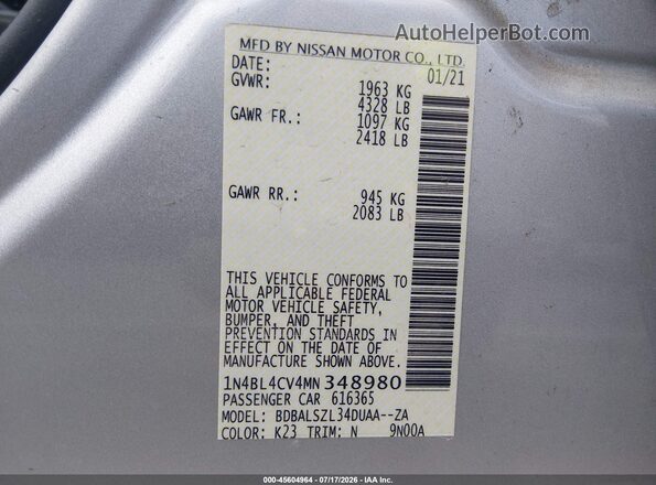 1N4BL4CV4MN348980 2021 NISSAN ALTIMA Silver Շարժիչի բաժամունքի տեսք