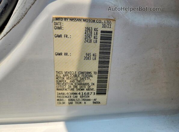 1N4BL4CV4MN416873 2021 NISSAN ALTIMA White Widok komory silnika