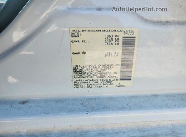 1N4BL4CV4NN366526 2022 NISSAN ALTIMA White Вид підкапотного простору