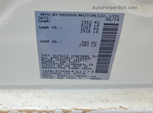 1N4BL4CV4RN432773 2024 NISSAN ALTIMA White Вид підкапотного простору