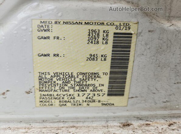 1N4BL4CV5KC177357 2019 NISSAN ALTIMA White Vista de la etiqueta del VIN
