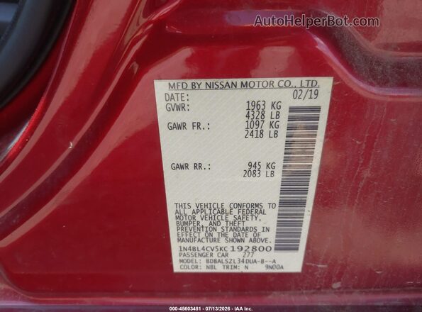 1N4BL4CV5KC192800 2019 NISSAN ALTIMA Red Vista del compartimento del motor