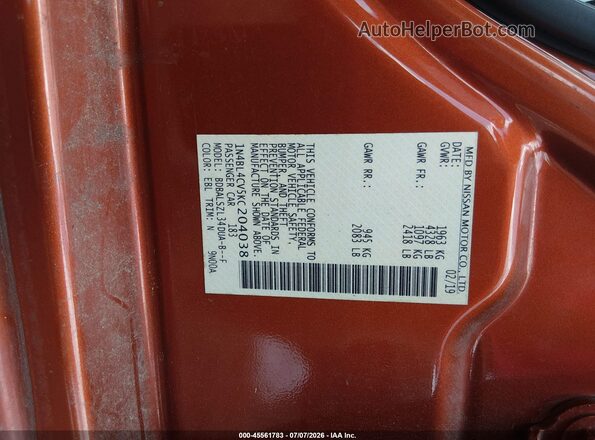 1N4BL4CV5KC204038 2019 NISSAN ALTIMA Orange Widok komory silnika