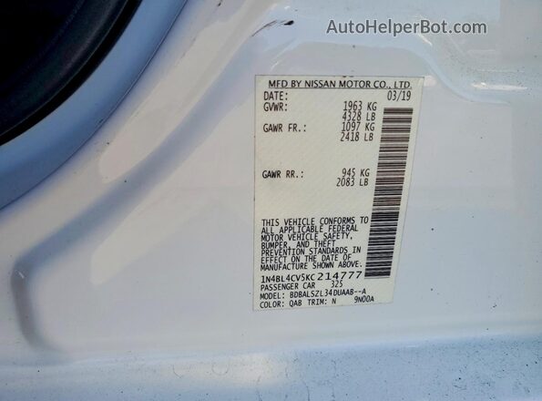 1N4BL4CV5KC214777 2019 NISSAN ALTIMA White Вид підкапотного простору