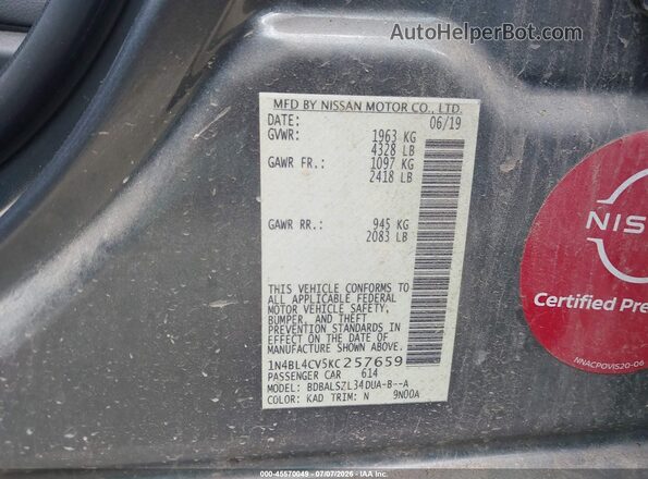 1N4BL4CV5KC257659 2019 NISSAN ALTIMA Gray ძრავის განყოფილების ხედი