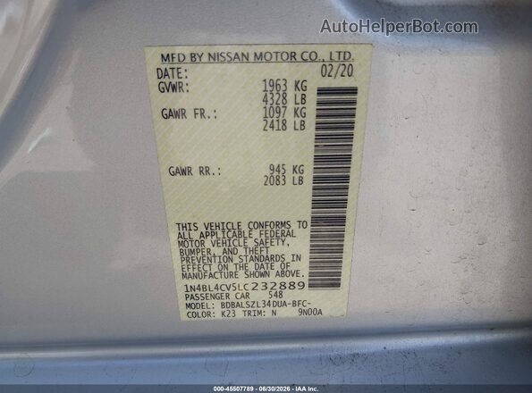 1N4BL4CV5LC232889 2020 NISSAN ALTIMA Silver Շարժիչի բաժամունքի տեսք