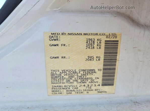 1N4BL4CV5LC243214 2020 NISSAN ALTIMA White ძრავის განყოფილების ხედი