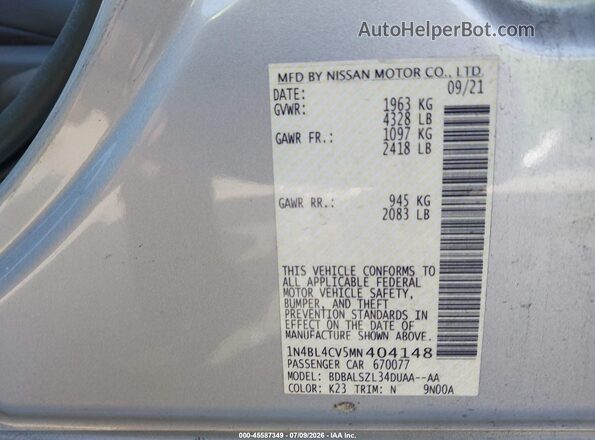 1N4BL4CV5MN404148 2021 NISSAN ALTIMA Silver Vista del compartimento del motor