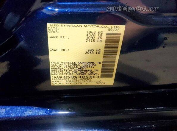 1N4BL4CV5PN305463 2023 NISSAN ALTIMA Blue VIN კოდის სტიკერის ხედი