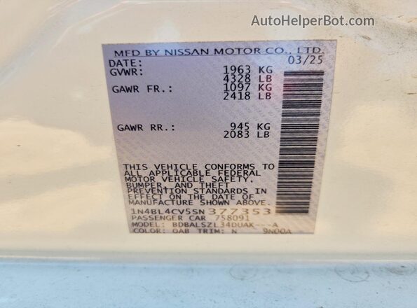 1N4BL4CV5SN377353 2025 NISSAN ALTIMA White Widok komory silnika