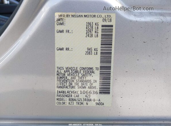 1N4BL4CV6KC106636 2019 NISSAN ALTIMA Silver ძრავის განყოფილების ხედი