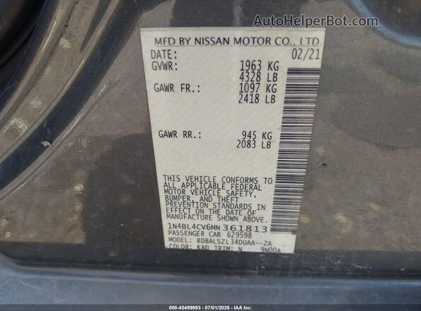 1N4BL4CV6MN361813 2021 NISSAN ALTIMA Gray ძრავის განყოფილების ხედი