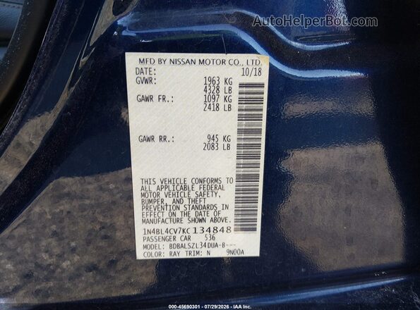 1N4BL4CV7KC134848 2019 NISSAN ALTIMA Blue Շարժիչի բաժամունքի տեսք