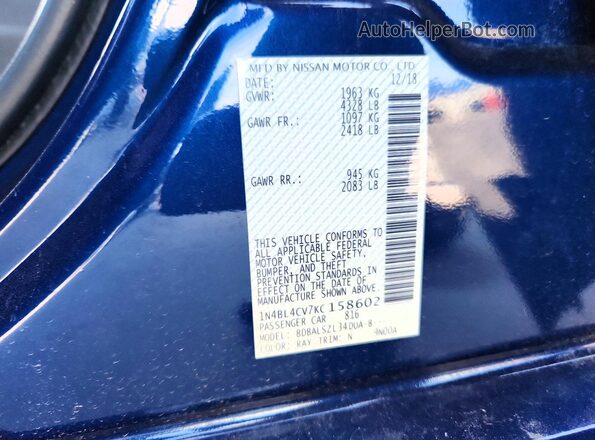 1N4BL4CV7KC158602 2019 NISSAN ALTIMA Blue ძრავის განყოფილების ხედი