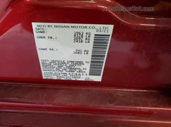 1N4BL4CV7MN374411 2021 NISSAN ALTIMA Maroon Widok naklejki z numerem VIN