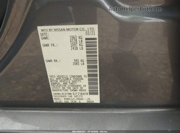 1N4BL4CV7MN377809 2021 NISSAN ALTIMA Gray ძრავის განყოფილების ხედი