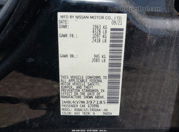 1N4BL4CV7MN397185 2021 NISSAN ALTIMA Black Շարժիչի բաժամունքի տեսք