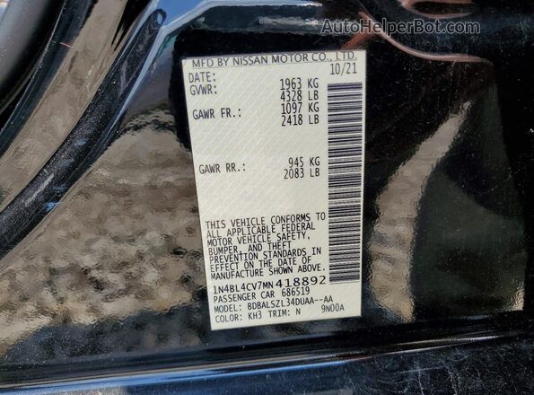 1N4BL4CV7MN418892 2021 NISSAN ALTIMA Черный Вид подкапотного пространства