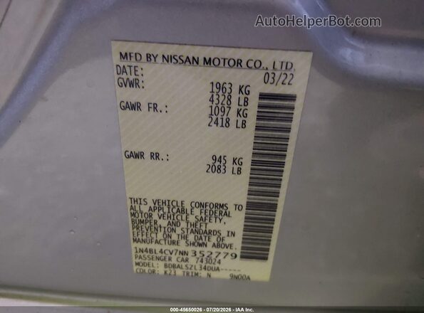 1N4BL4CV7NN352779 2022 NISSAN ALTIMA Silver ძრავის განყოფილების ხედი