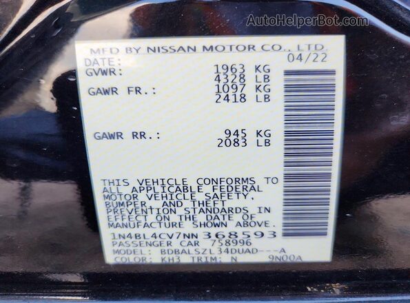 1N4BL4CV7NN368593 2022 NISSAN ALTIMA Black Engine compartment view