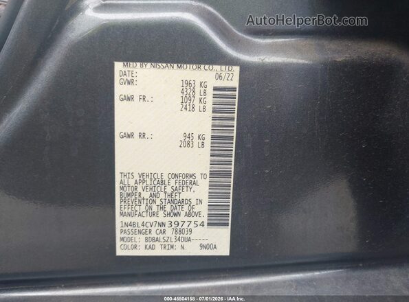 1N4BL4CV7NN397754 2022 NISSAN ALTIMA Gray Widok komory silnika