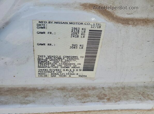 1N4BL4CV8KC161119 2019 NISSAN ALTIMA Белый Вид наклейки с VIN-кодом