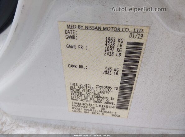 1N4BL4CV8KC180804 2019 NISSAN ALTIMA White Вид підкапотного простору