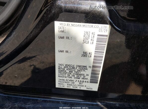 1N4BL4CV8KC216846 2019 NISSAN ALTIMA Black Widok komory silnika