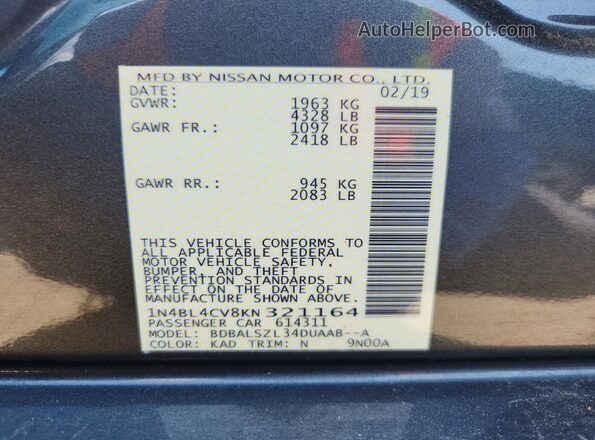 1N4BL4CV8KN321164 2019 NISSAN ALTIMA Silver Вид підкапотного простору