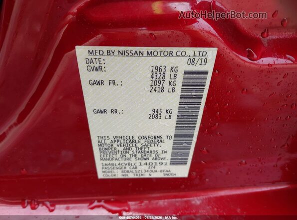 1N4BL4CV8LC140191 2020 NISSAN ALTIMA Red Vista del compartimento del motor