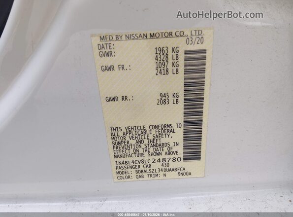 1N4BL4CV8LC248780 2020 NISSAN ALTIMA Белый Вид подкапотного пространства
