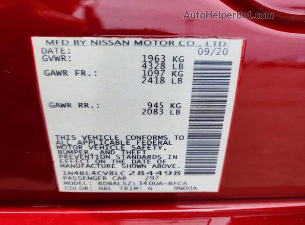 1N4BL4CV8LC284498 2020 NISSAN ALTIMA Brown VIN sticker view