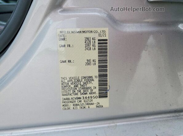 1N4BL4CV8MN344950 2021 NISSAN ALTIMA Silver Շարժիչի բաժամունքի տեսք
