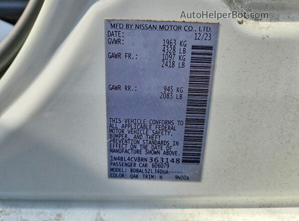 1N4BL4CV8RN363148 2024 NISSAN ALTIMA Белый Вид наклейки с VIN-кодом